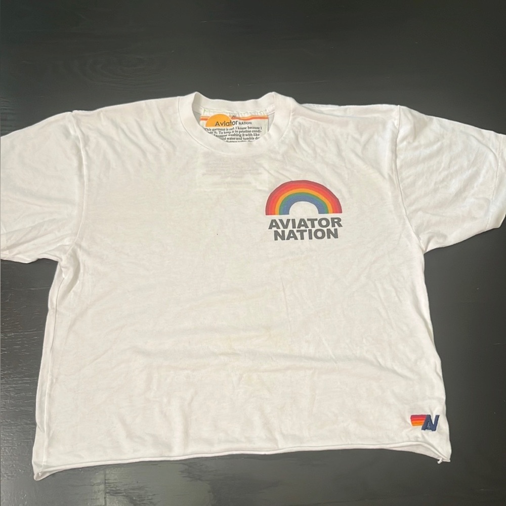 AVIATOR NATION WHITE BOYFRIEND TEE WITH RAINBOW LOGO
